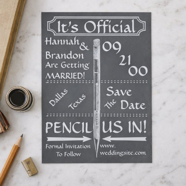 Vintage Chalkboard Style Save The Date / Invite (Fun vintage style typography "Pencil Us In" save the date card. Unique way to introduce your wedding)