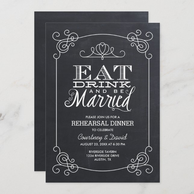 Vintage Chalkboard Typography Rehearsal Dinner Invitation (Front/Back)