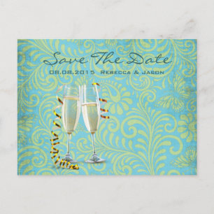 vintage champagne flutes teal gold damask wedding announcement postcard