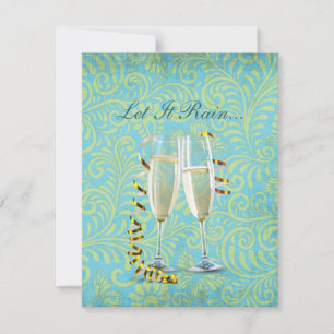 vintage champagne flutes teal gold damask wedding invitation