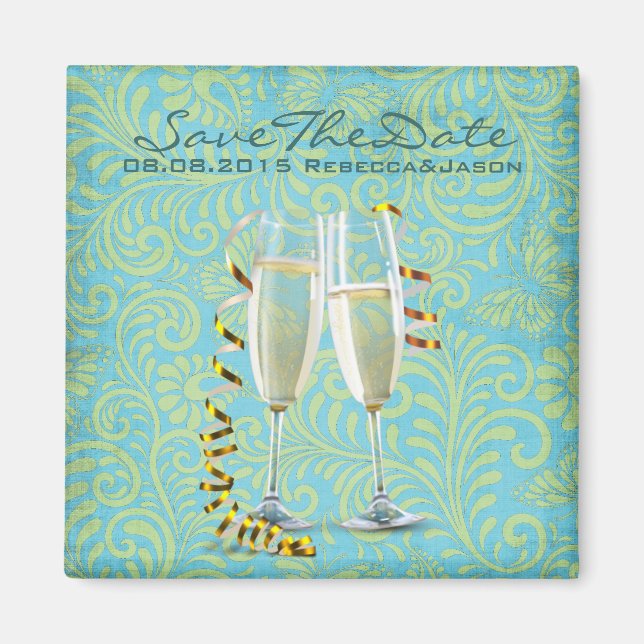 vintage champagne flutes teal gold damask wedding magnet (Front)