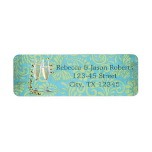 vintage champagne flutes teal gold damask wedding return address label