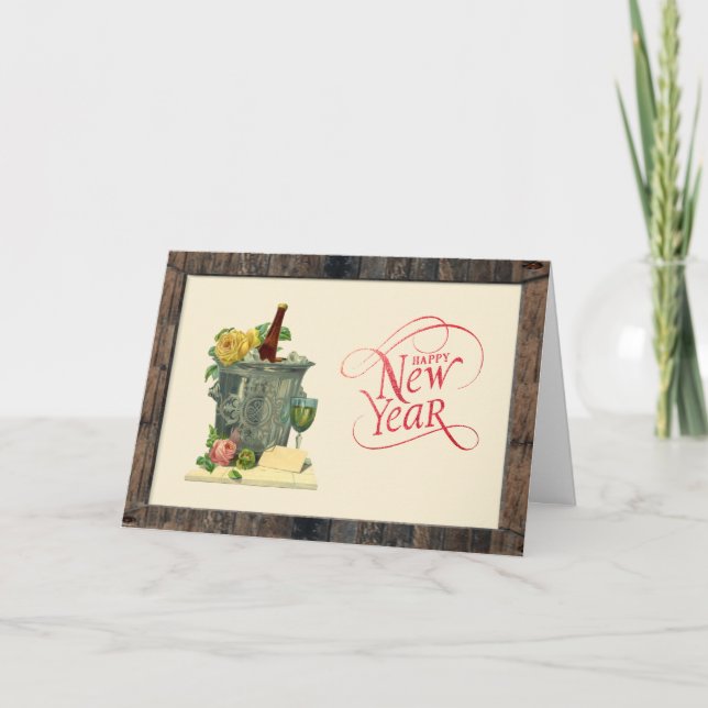 Vintage Champagne Roses Happy New Year Holiday Card (Front)