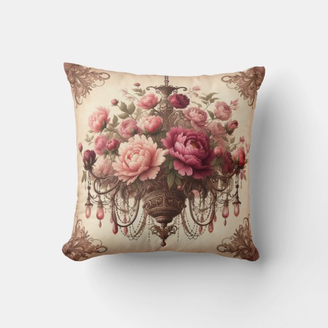 Vintage Chandelier and Pink Peonies Cushion (Front)