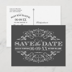 Vintage Charcoal Flourish Wedding Save the Date Announcement Postcard