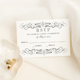 Vintage Charcoal Grey Scrollwork Wedding RSVP Card