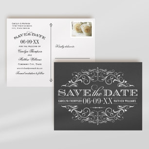 Vintage Charcoal Scrollwork Wedding Save the Date Announcement Postcard