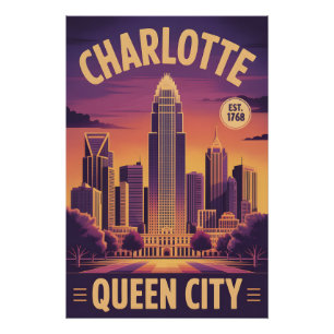 Vintage Charlotte North Carolina Queen City Retro Poster