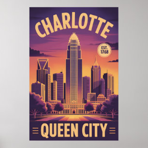 Vintage Charlotte North Carolina Queen City Retro Poster