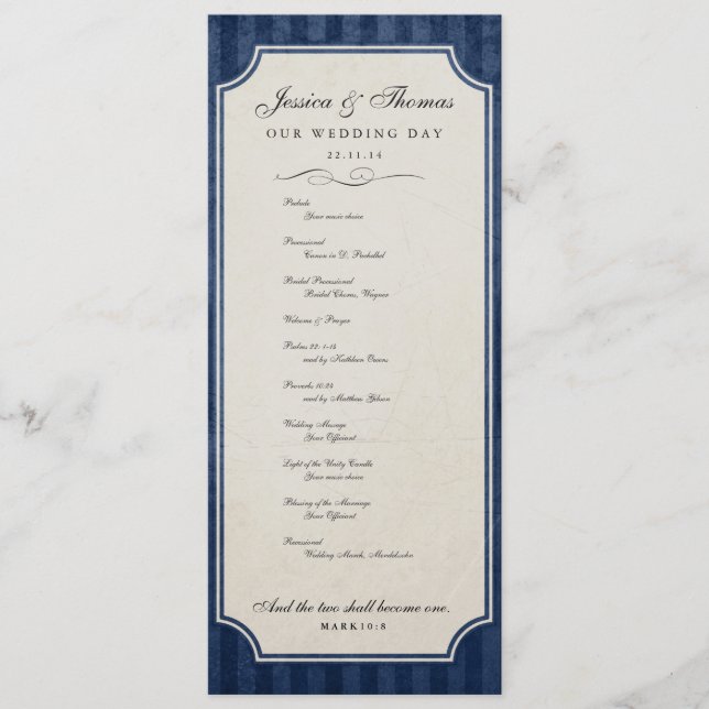 Vintage Charm Navy Blue Wedding Program (Front)
