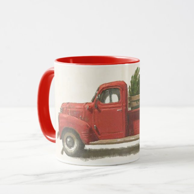Vintage Charm: Red Truck Carrying Christmas Tree Mug (Front Left)