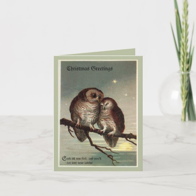 Vintage Charming Romantic Christmas Card with Owls (Front)