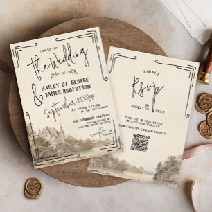 Vintage Chateau Hand Drawn Wedding Invitation