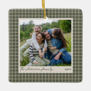 Vintage check frame green plaid photo Christmas Ceramic Ornament