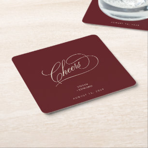 Vintage Cheers Burgundy & Ivory Wedding Square Paper Coaster