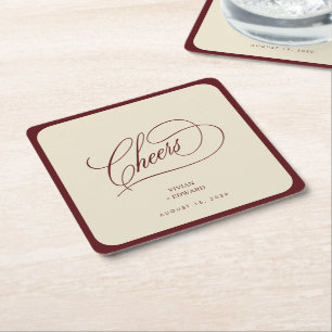 Vintage Cheers Ivory & Burgundy Old Money Wedding Square Paper Coaster