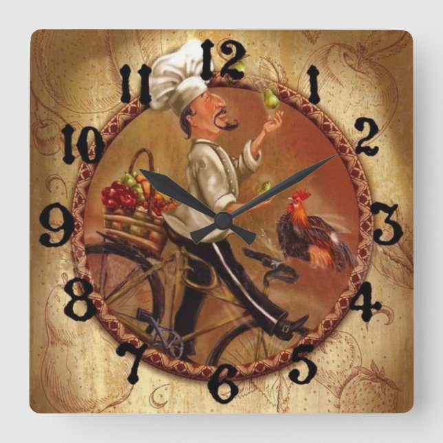 Vintage Chef w/Fruit Basket Square Wall Clock (Front)