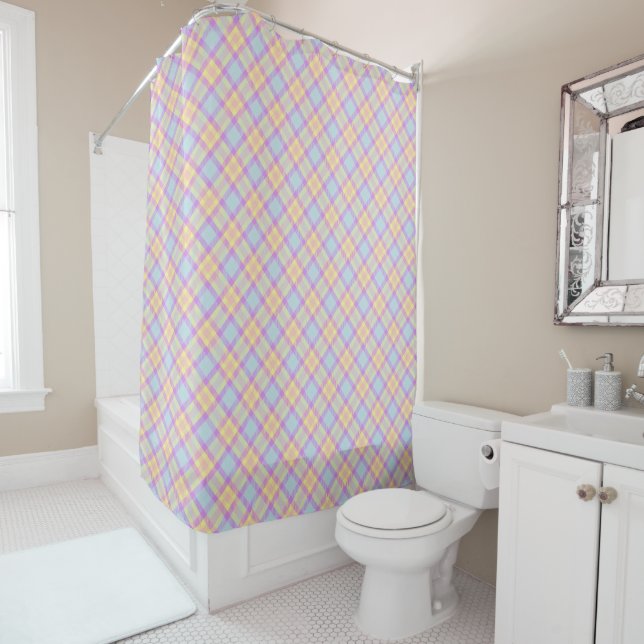 Vintage Chequered Pastel Pattern Lavender Blue Shower Curtain (In Situ)