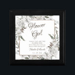 Vintage Cherish Flower Girl Quote Personalised Gift Box<br><div class="desc">Vintage Cherish White Floral & Rose Gold Painted Roses and Flowers. A Vintage Classic and Elegant Look, and Plenty of Grey, Ivory White, Rose Gold, Dusty Pink, Pine Green, and Grey leaves and foliage. With Hand Painted Floral elements, Vintage Classic Script Fonts, and Elegant Rose Gold Glitter Foil Geometric Square...</div>