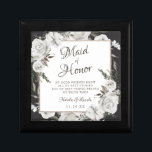Vintage Cherish Maid of Honour Quote Personalised Gift Box<br><div class="desc">Vintage Cherish White Floral & Rose Gold Painted Roses and Flowers. A Vintage Classic and Elegant Look, and Plenty of Grey, Ivory White, Rose Gold, Dusty Pink, Pine Green, and Grey leaves and foliage. With Hand Painted Floral elements, Vintage Classic Script Fonts, and Elegant Rose Gold Glitter Foil Geometric Square...</div>