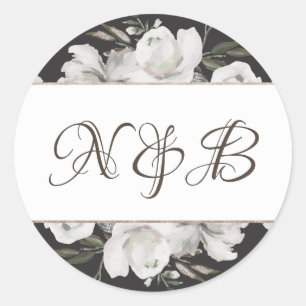 Vintage Cherish White Floral Monogram Wedding Classic Round Sticker