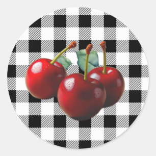 Vintage Cherries black white gingham Classic Round Sticker