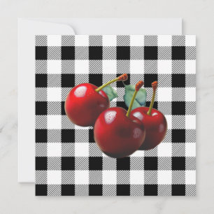 Vintage Cherries black white gingham Invitation