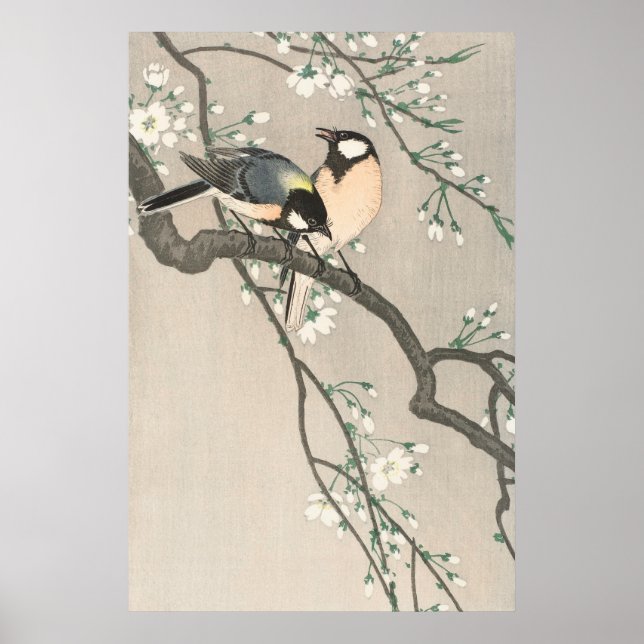 Vintage Cherry Blossom And Bird Painting Poster (Front)
