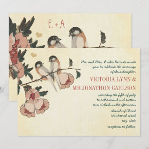 Vintage Cherry Blossom Chickadee Damask Wedding Invitation