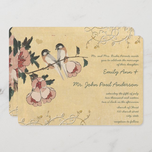 Vintage Cherry Blossom Chickadee  Damask Wedding Invitation (Front/Back)