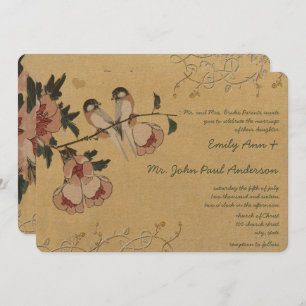 Vintage Cherry Blossom Chickadee Damask Wedding Invitation
