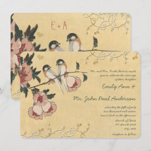 Vintage Cherry Blossom Chickadee  Damask Wedding Invitation