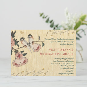 Vintage Cherry Blossom Chickadee  Damask Wedding Invitation