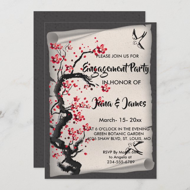 Vintage Cherry Blossom  Engagement Invitation (Front/Back)