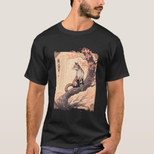 Vintage Cherry Blossom Japanese Fox Scroll Graphic T-Shirt