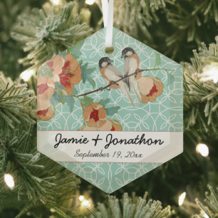 Vintage Cherry Blossom Love Bird Peach Mint Glass Tree Decoration