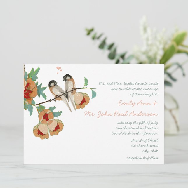 Vintage Cherry Blossom Love BIrd Peach Mint Invitation (Standing Front)