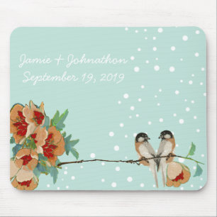 Vintage Cherry Blossom Love Bird Peach Mint Mouse Pad