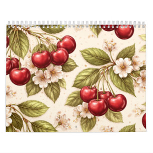 Vintage Cherry Blossom Pattern Red Cherries Calendar
