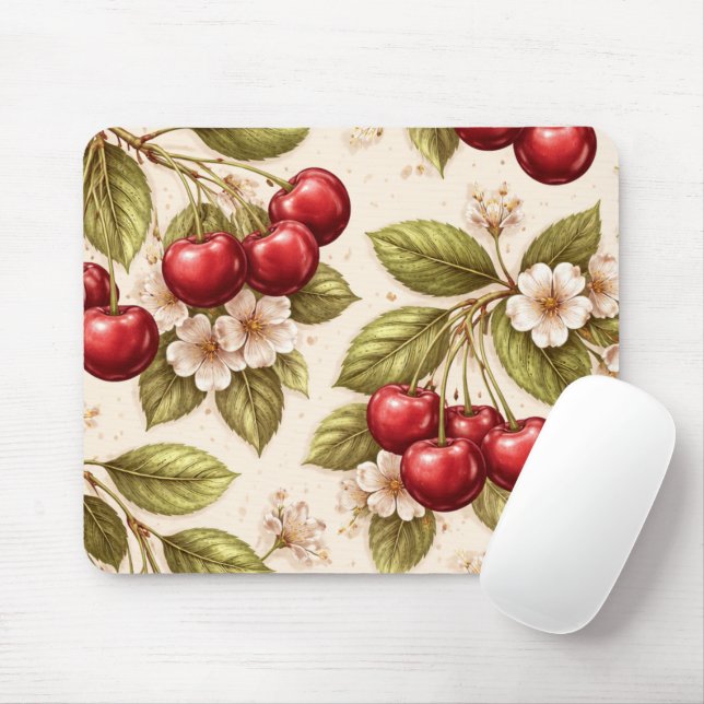 Vintage Cherry Blossom Pattern Red Cherries  Mouse Pad (With Mouse)