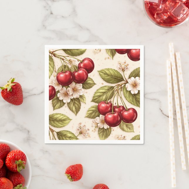 Vintage Cherry Blossom Pattern Red Cherries  Napkin (Insitu)