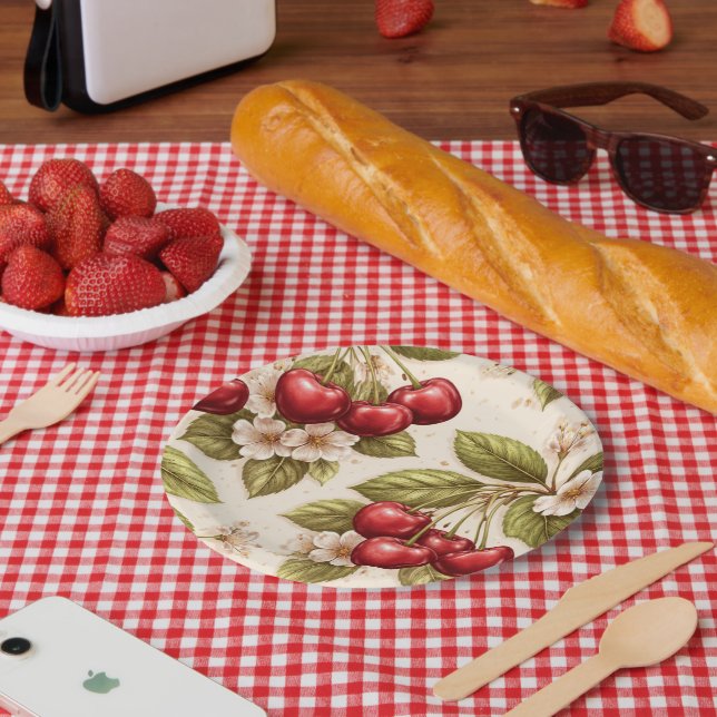 Vintage Cherry Blossom Pattern Red Cherries  Paper Plate (Picnic)