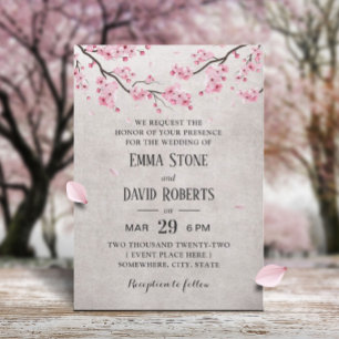 Vintage Cherry Blossom Pink Floral Wedding Invitation