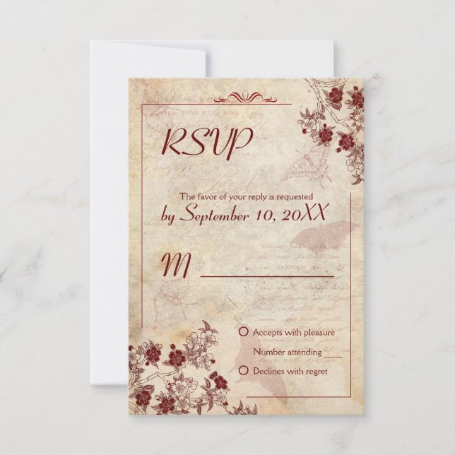 Vintage Cherry Blossom Wedding RSVP invitation (Front)