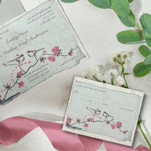 Vintage Cherry Blossoms & Chickadee Damask RSVP