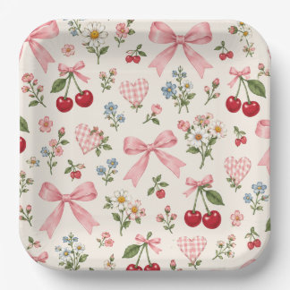 Vintage Cherry Bow Floral Fabric Pattern | Pink Gi Paper Plate
