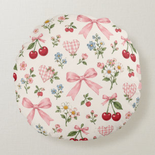 Vintage Cherry Bow Floral Fabric Pattern Pink Gi Round Cushion
