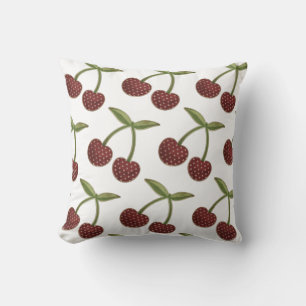 Vintage Cherry Illustrated Pattern on White Cushion
