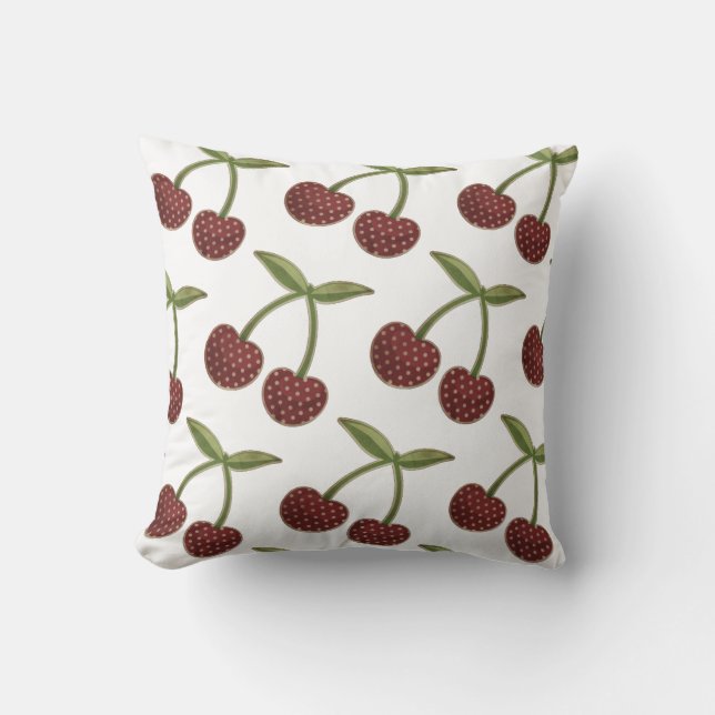 Vintage Cherry Illustrated Pattern on White Cushion (Front)