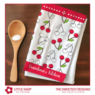 Vintage Cherry Pattern Customisable Name Tea Towel